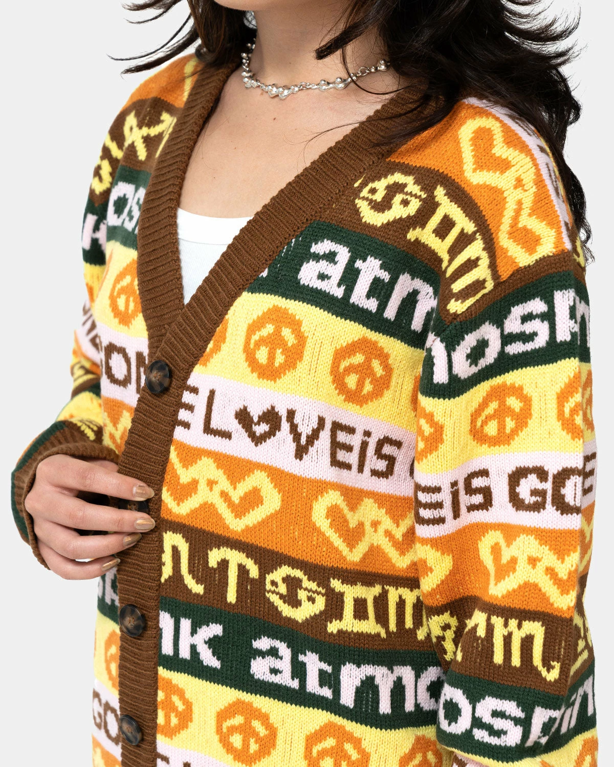 Atmos Pink Handwritten Style Jacquard Knit Cardigan (Brown) 4 Atmos Pink Handwritten Style Jacquard Knit Cardigan (Brown) - Image 2